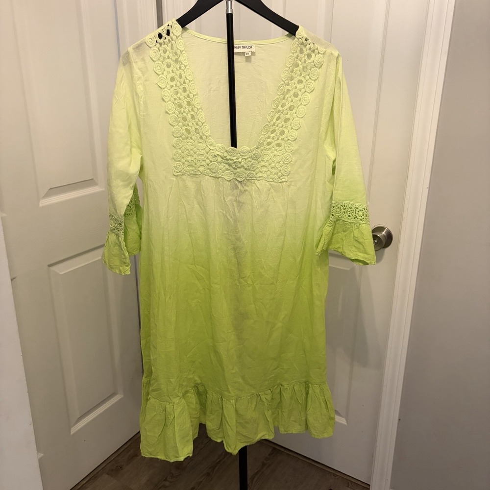 Ashley Taylor Dress Womens Cotton XL Lime Green Ombre Flowy Peasant Boho Resort
